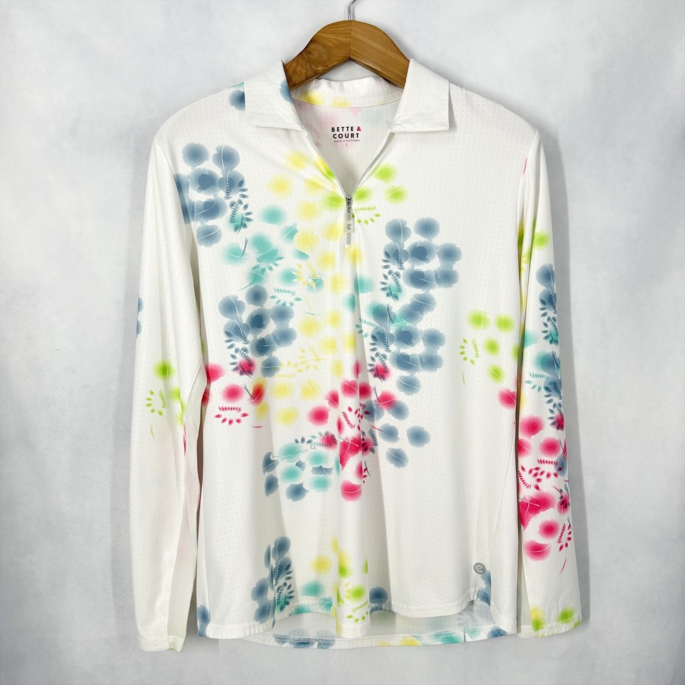 Bette &‎ Court Long Sleeve Bright Floral White 1/4 Zip Top Women's Size Large